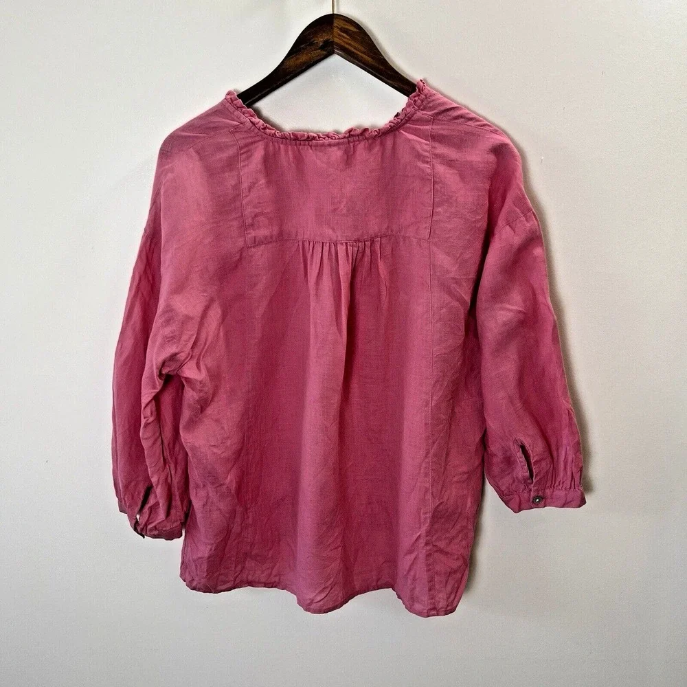 J Jill Womens Linen Ruffle Blouse S‎ Pink Cottagecore Romantic Resort Breathable